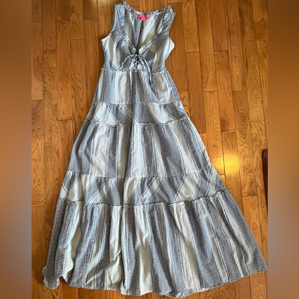 Betsy Johnson Gingham Blue and White Lace Up Maxi Dress